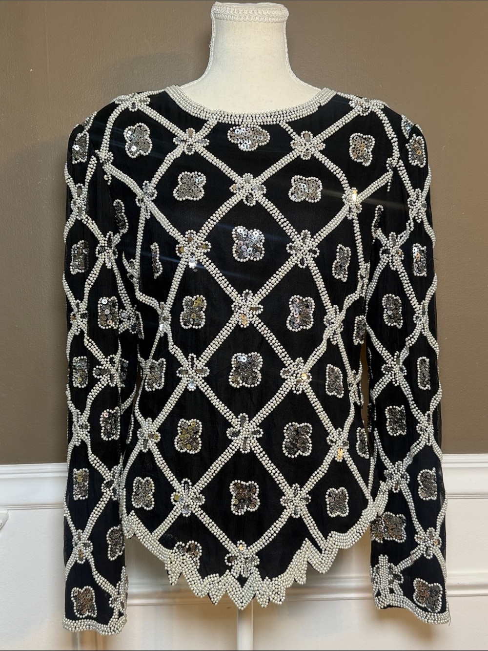 Vintage Laurence Kazar Silk Pearl Beaded Sequin Top L 80s 90s